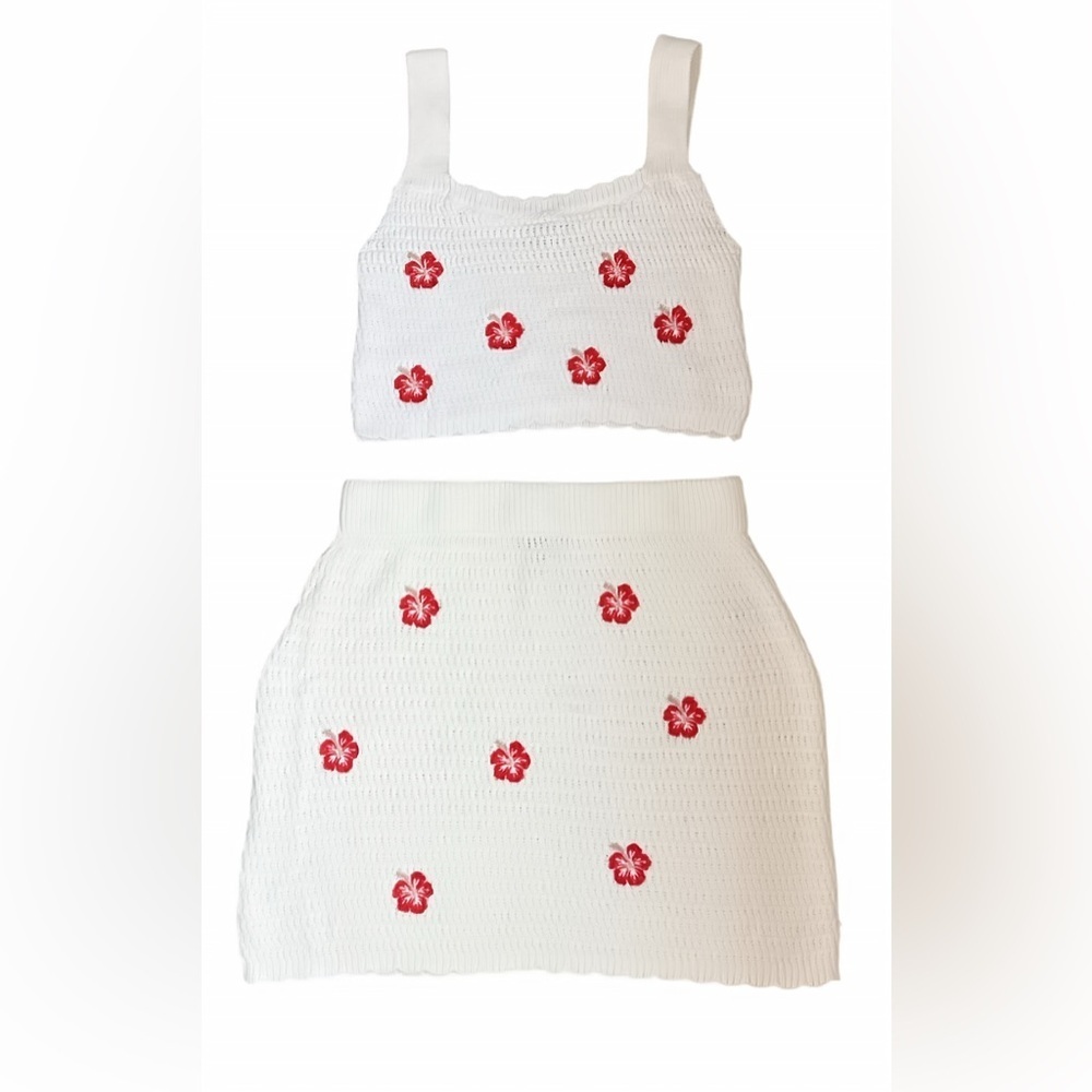 wild fable White Crochet Two-Piece Set with Red Floral Embroidered Accents